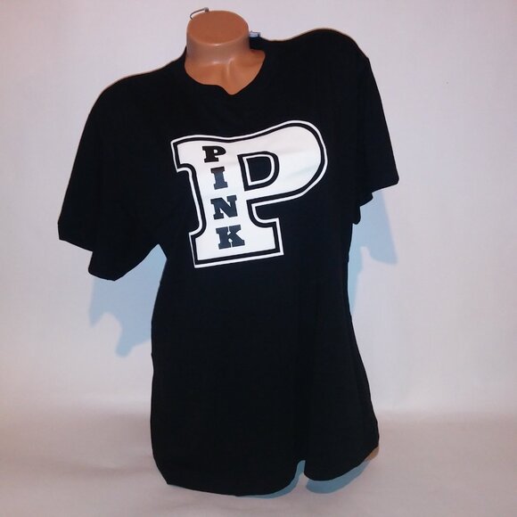 Victoria Secret PINK T Shirt‎ Black Cream Logo Crew Neck Short Sleeve Campus Tee - Picture 2 of 12